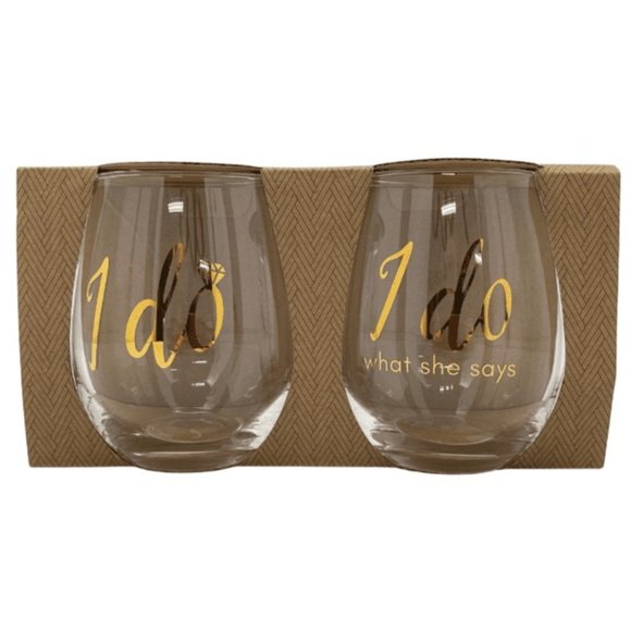 Harman | 12oz Stemless Wine Glass Set | 2 Pack | "I Do" & "I Do What She Says" - Picture 1 of 2